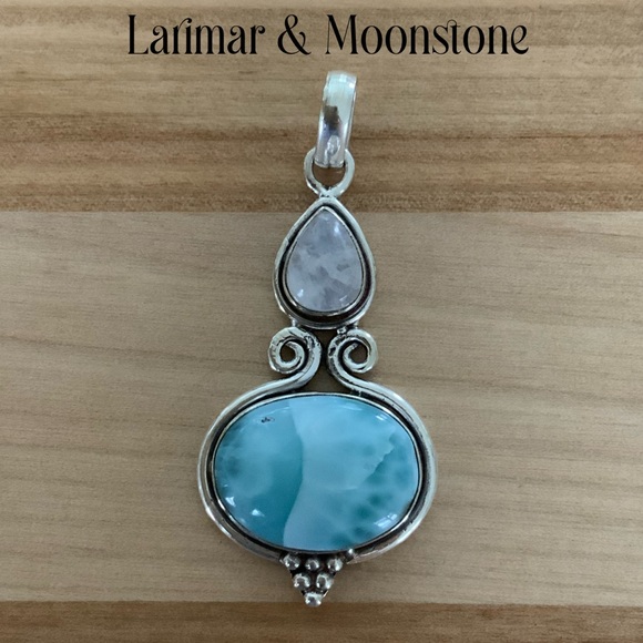 Artisan Jewelry - Solid 925 Sterling Silver Larimar & Moonstone Pendant